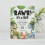 女の子の編集可能な恐竜の赤ちゃんシャワー 招待状 (スタンド正面)