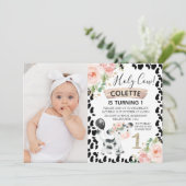 女の子の聖牛と牛のプリント写真1st誕生日 招待状 (スタンド正面)
