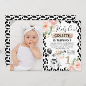 女の子の聖牛と牛のプリント写真1st誕生日 招待状 (正面/裏面)