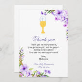 女の子の聖餐のサンキューカードの花柄のラベンダー サンキューカード (正面/裏面)