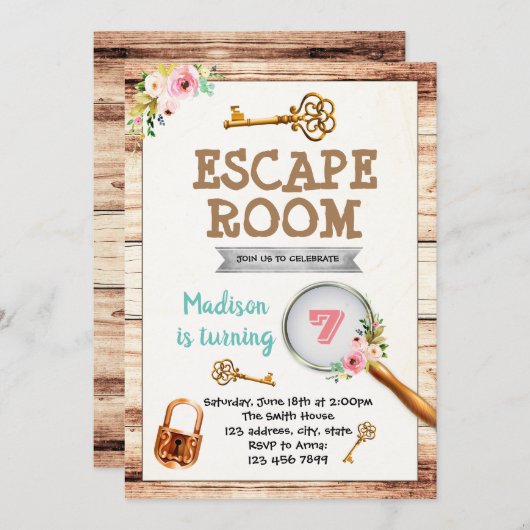 女の子の脱出部屋のパーティの招待状 招待状 (正面/裏面)