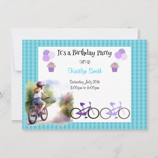 女の子の自転車の誕生日パーティーの招待状 招待状 (正面)
