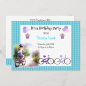女の子の自転車の誕生日パーティーへの招待 招待状 (正面/裏面)
