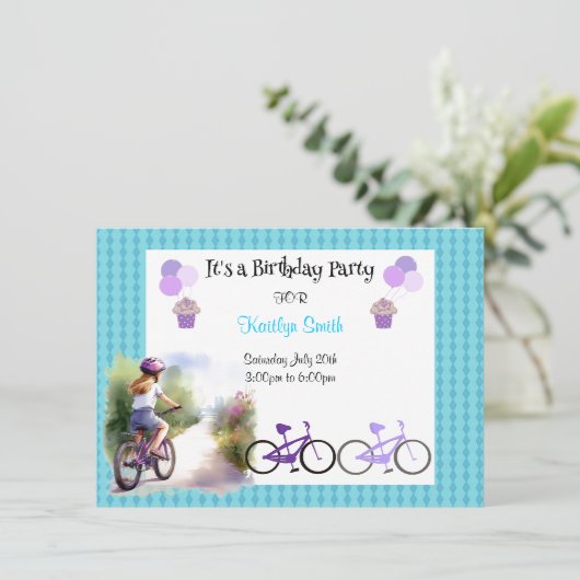 女の子の自転車の誕生日パーティーへの招待 招待状 (スタンド正面)
