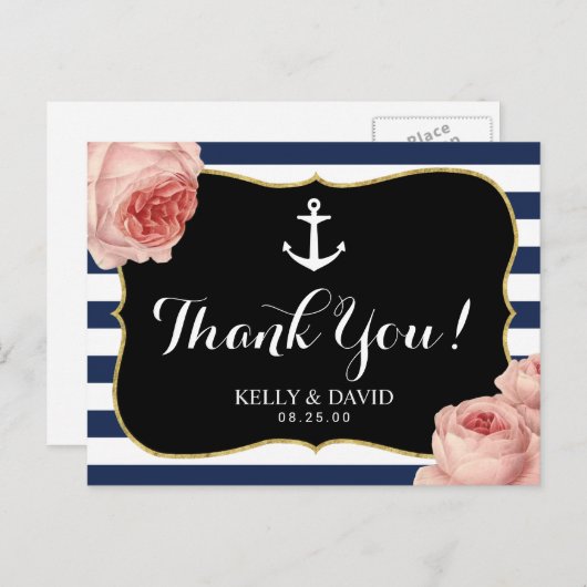 女の子の航海のいかりヴィンテージフローラありがとう ポストカード (正面/裏面)