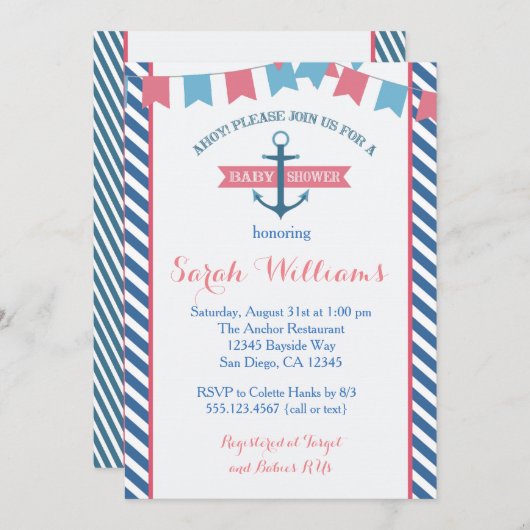 女の子の航海のなベビーシャワーの招待状のピンクおよび青 招待状 (正面/裏面)