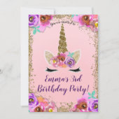 女の子の花とゴールドグリッターのユニコーンバースデーパーティー 招待状 (正面)