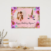 女の子の花のゴールドグリッター unicorn フォトバナー ポスター (キッチン)