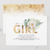 女の子の花のゴールド タイポグラフィー ベイビー シャワー 招待状 (正面/裏面)