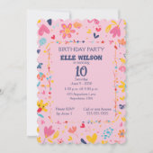 女の子の花フレーム 10歳の誕生日パーティー招待状 招待状 (正面)