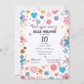 女の子の花フレーム 10歳の誕生日パーティー招待状 招待状 (正面)