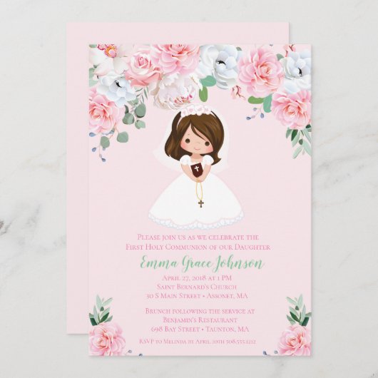 女の子の花柄の最初聖餐の招待状 招待状 (正面/裏面)