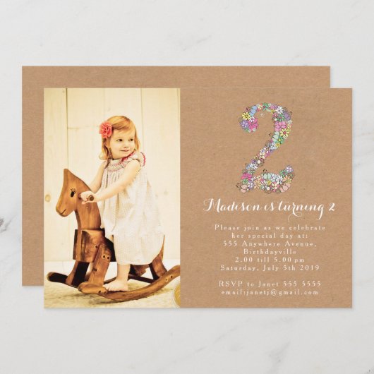 女の子の花柄の第2誕生日のパーティの招待状 招待状 (正面/裏面)