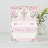 女の子の花柄ピンクとゴールドの洗礼招待状 招待状 (スタンド正面)