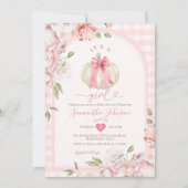 女の子の花柄 ブラッシュピンクのギンガム ベビーシャワー 招待状 (正面)