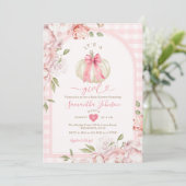 女の子の花柄 ブラッシュピンクのギンガム ベビーシャワー 招待状 (スタンド正面)