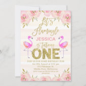女の子の花 フラミンゴの1歳の誕生日招待状 招待状 (正面)