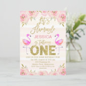 女の子の花 フラミンゴの1歳の誕生日招待状 招待状 (スタンド正面)