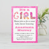 女の子の華やかなスイートホットピンクグリッター ベイビーシャワー 招待状 (スタンド正面)