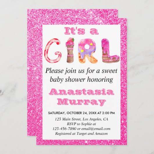 女の子の華やかなスイートホットピンクグリッター ベイビーシャワー 招待状 (正面/裏面)