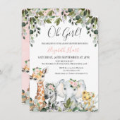 女の子の葉ベビーサファリアニマルズベビーシャワー 招待状 (正面/裏面)