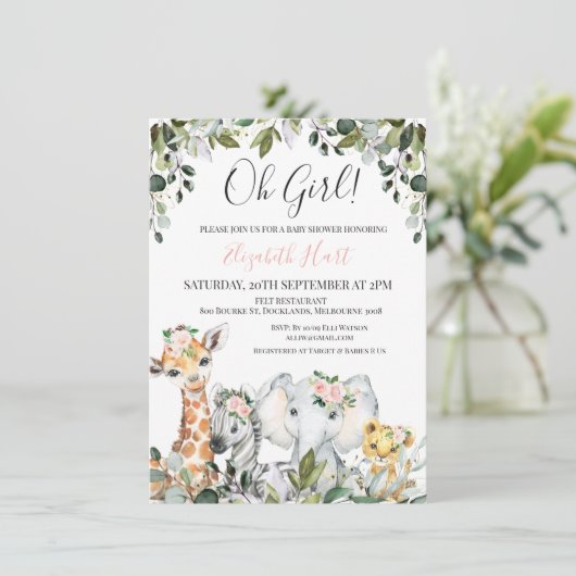 女の子の葉ベビーサファリアニマルズベビーシャワー 招待状 (スタンド正面)
