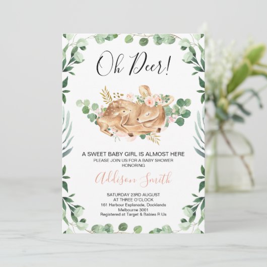 女の子の葉緑のフローラ鹿の赤ちゃんシャワー 招待状 (スタンド正面)