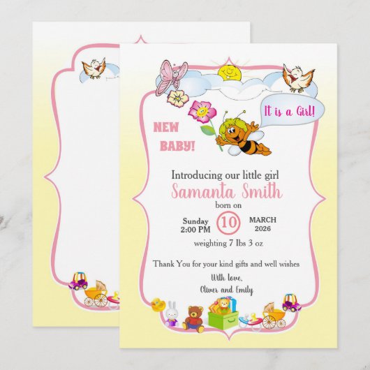 女の子の蜂ベイビーシャワーの招待状 招待状 (正面/裏面)