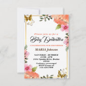 女の子の蝶の水彩花の赤ちゃん献堂 招待状 (正面)