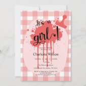 女の子の誕生おめでとう パステルレッドのギンガム ベイビーシャワー 招待状 (正面)
