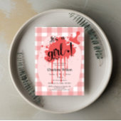 女の子の誕生おめでとう パステルレッドのギンガム ベイビーシャワー 招待状