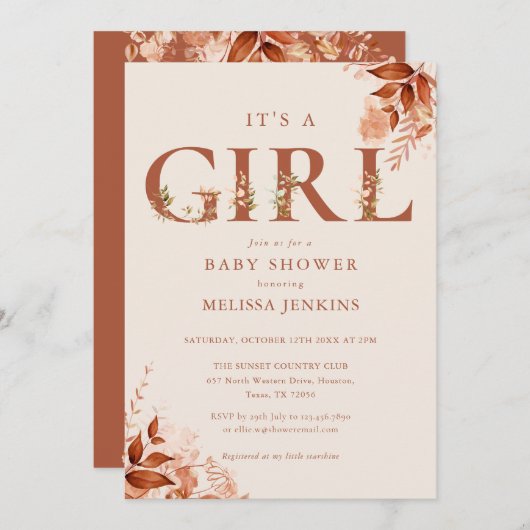 女の子の誕生おめでとう ラスティック フラワー レター 秋のベイビー シャワー 招待状 (正面/裏面)