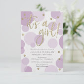 女の子の誕生を祝うパープルベビーシャワー招待状 ポルカドット 招待状 (スタンド正面)