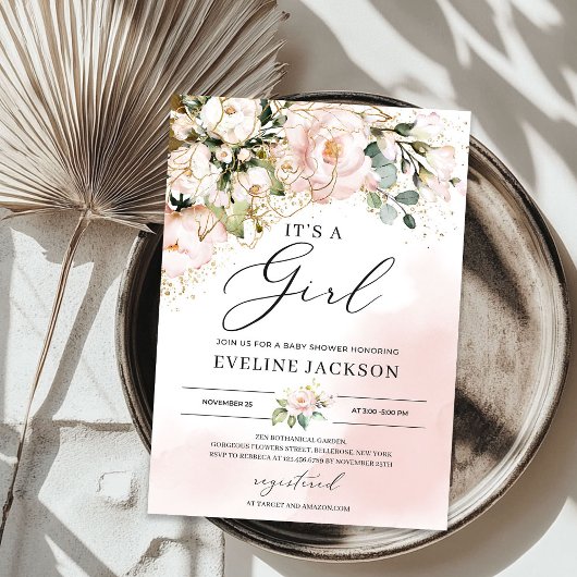 女の子の誕生を祝うピンクの花とゴールドのボヘミアンスタイルのベイビーシャワー 招待状