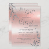 女の子の誕生を祝うピンクメタリックバーチャルベイビーシャワー 招待状 (正面/裏面)