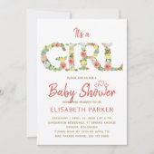 女の子の誕生を祝う花のアルファベットスクリプトのベイビーシャワー 招待状 (正面)