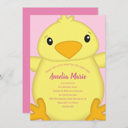 女の子の誕生パーティーピンク 招待状 (正面/裏面)