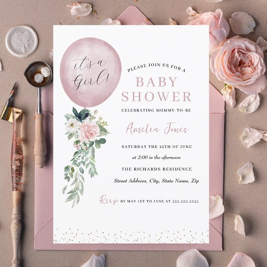 女の子の誕生ピンク風船ベビーシャワー 招待状