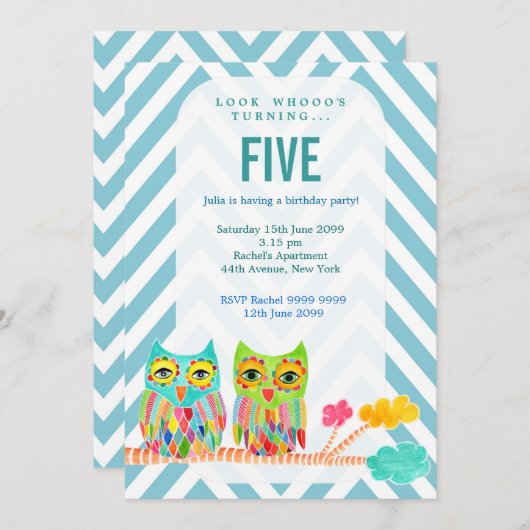 女の子の誕生会のシェブロンの虹のフクロウの招待 招待状 (正面/裏面)