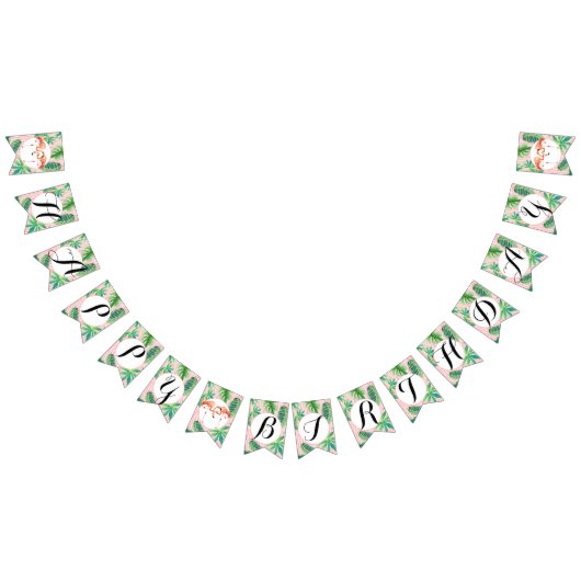 女の子の誕生会のピンクのフラミンゴの葉の水彩画 バンティングフラッグ (全)