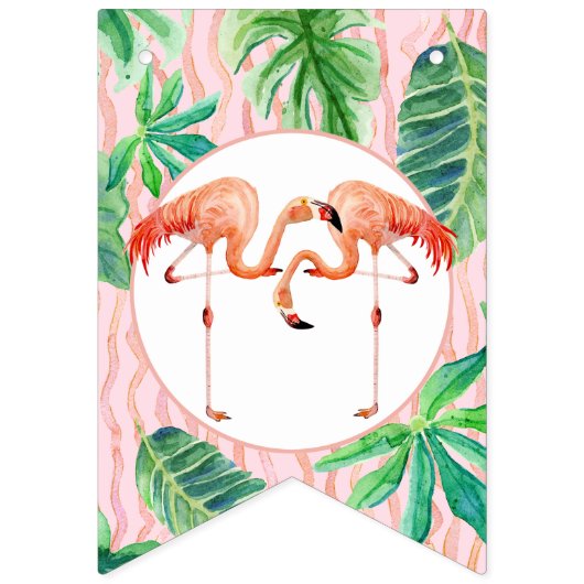女の子の誕生会のピンクのフラミンゴの葉の水彩画 バンティングフラッグ (第1の旗)