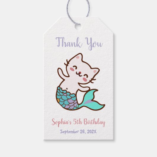 女の子の誕生日お礼メッセージ付きの猫の人魚 海の下 ギフトタグ (正面)