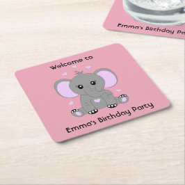 女の子の誕生日にピンクの可愛いベビーゾウ スクエアペーパーコースター