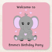 女の子の誕生日にピンクの可愛いベビーゾウ スクエアペーパーコースター (正面)