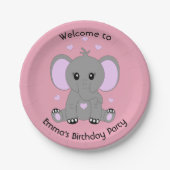 女の子の誕生日にピンクの可愛いベビーゾウ ペーパープレート (正面)