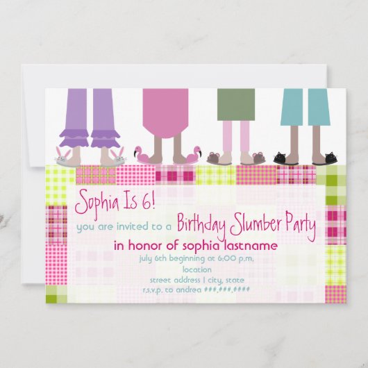 女の子の誕生日のスランバー・パーティーのSleepoverの格子縞 招待状 (正面)