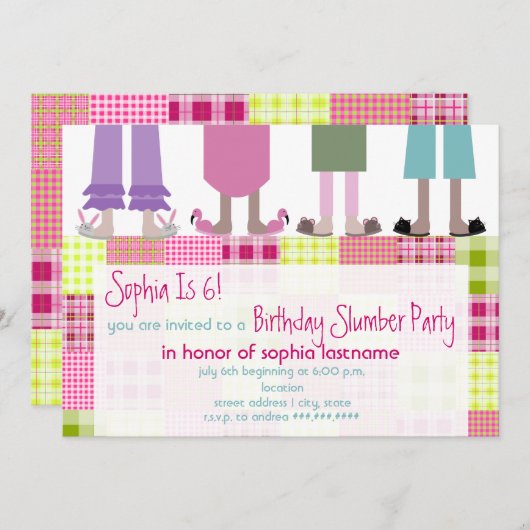 女の子の誕生日のスランバー・パーティーのSleepoverの格子縞 招待状 (正面/裏面)
