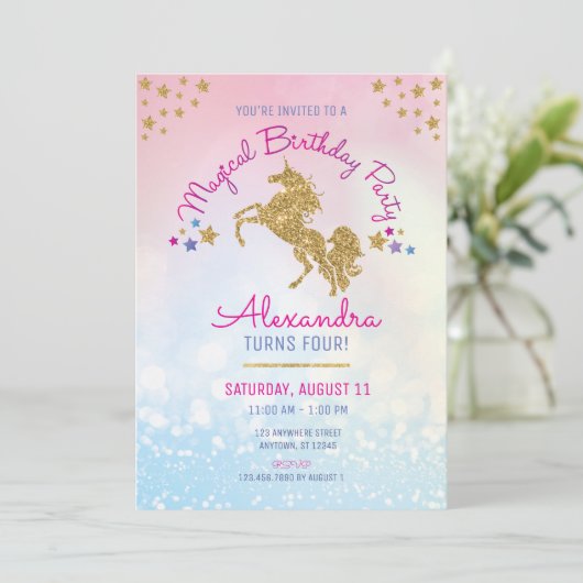 女の子の誕生日のピンクの金ゴールドのユニコーンのグリッターの招待状 招待状 (スタンド正面)