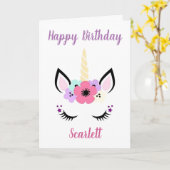 女の子の誕生日カード - ユニコーンの頭 ピンク カード (黄色い花)