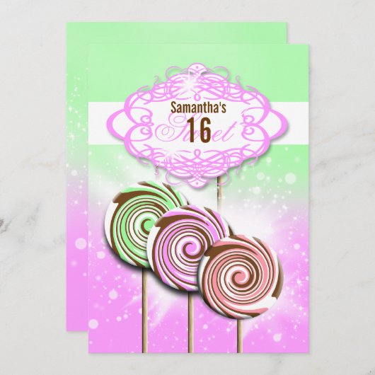 女の子の誕生日キャンデーの菓子16 招待状 (正面/裏面)